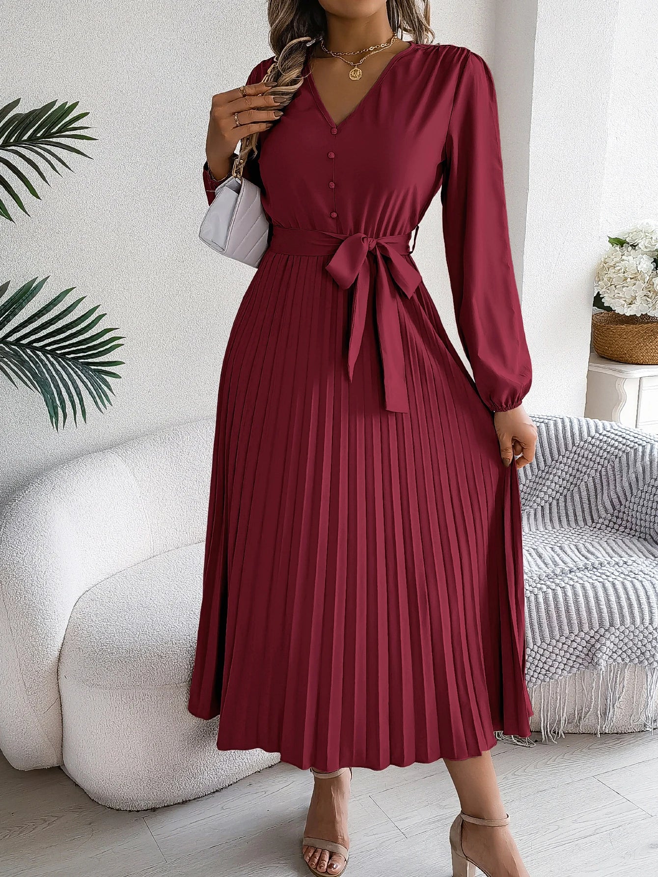 Autumn Winter Elegant V-Neck Button Belt Long Sleeved Solid Color Pleated Long Dress For Women Dresses