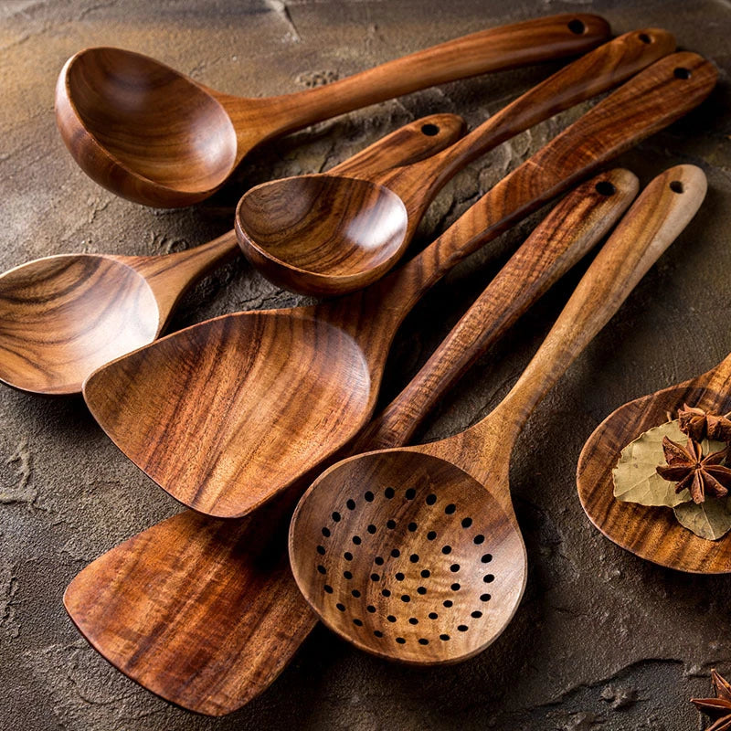 1~9PCS Thailand Teak Natural Wood Tableware Spoon Ladle Turner Long Rice Colander Soup Skimmer Cooking Spoons Scoop Kitchen Tool