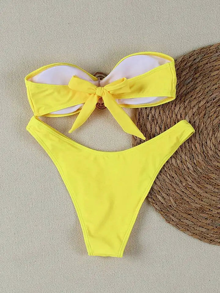 Sexy Solid Strapless Bikini 2 Piece Set Women Split Swimsuit Low Waist Beach Backless Bikini 2025 New Summer Swimwear Bikini Set