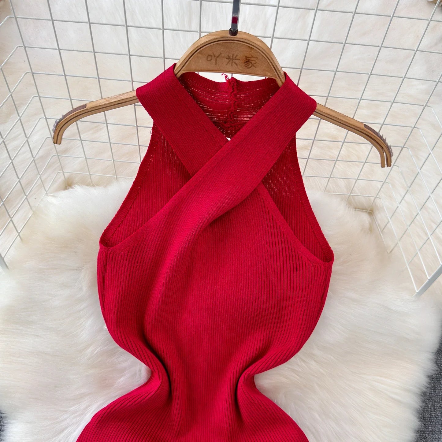 Solid 2024 Cross Knitted Women Dress Summer Strap Sleeveless Bodycon Dress Europe Style Halter Ladies Sexy Midi Long Dress