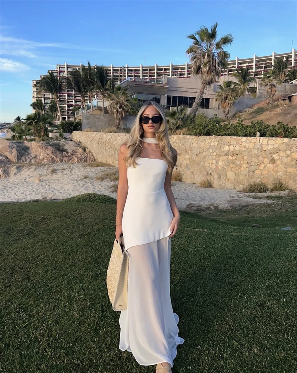 Fashion Strapless Dress With Ribbon Female Elegant Sleeveless Patchwork Mesh Beach Vacation Long Dress 2025 Summer New Dress
