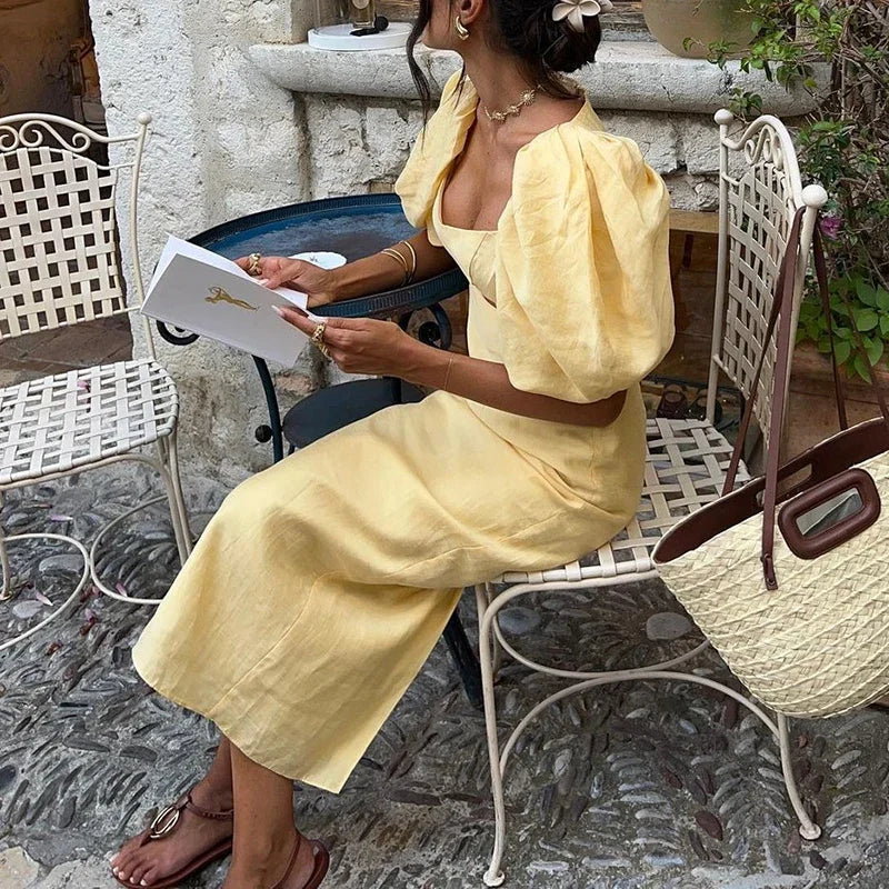 Women Sexy YellowSlash Neck Hollow Straight Show Waist Party Dresses Summer Elegant High waisted Slim Women Long Dress Vacation