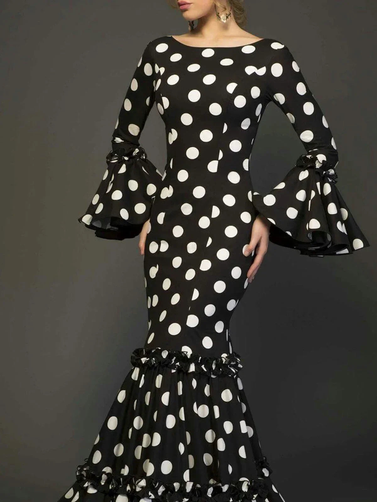 Polk Dot Print Long Dress for Women Flare Sleeve Ruffle Elegant Trumpet Dress Slim Round Neck Vintage Autumn Female Dresses 2024