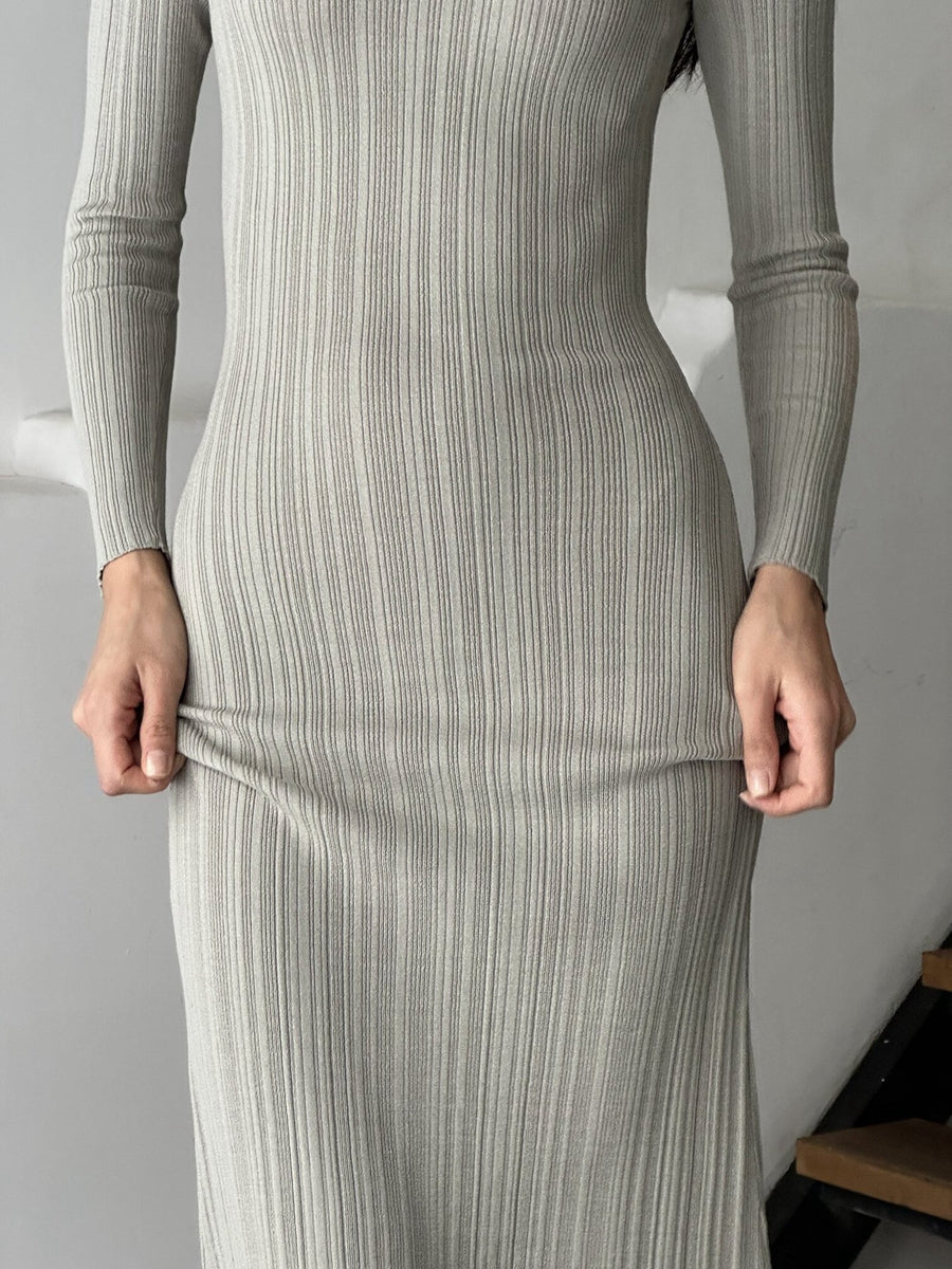 Women Spring Autumn Solid Color Bodycon Knit Dress Long Sleeve Crew Neck Ribbed Dress Slim Fit Long Dress
