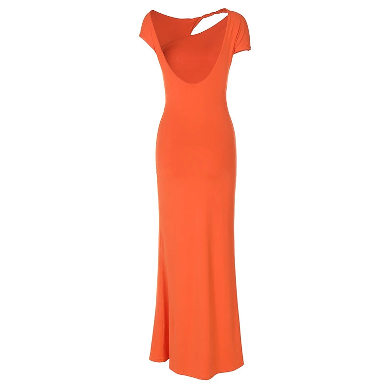 Mozision Hollow Out Backless Sexy Maxi Dress For Women Fashion Metal Buckle Solid Short Sleeve High Waist Slim Fit Long Dress