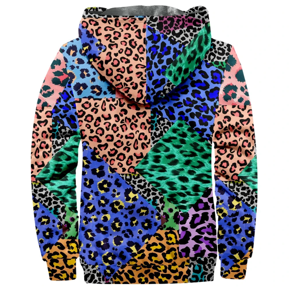 Autumn Winter Fleece Zip Up Hoodies Original Leopard Patchwork Digital Print Men Parka Coat Jackets Outerwear Sweatshirts Street
