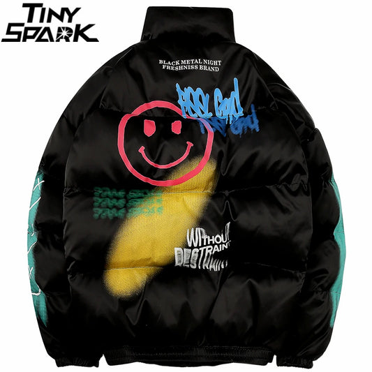 2025 Hip Hop Jacket Parka Happy Graffiti Print Men Windbreaker Streetwear Harajuku Winter Padded Jacket Coat Warm Outwear Thick