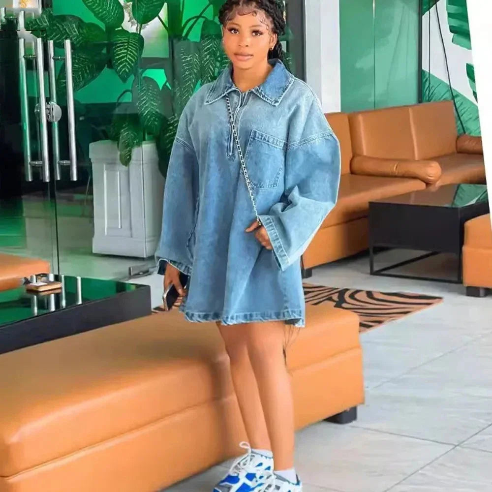 Women's Denim Dresses Lapel Zip Mini Long Sleeve Dresses Fashion Casual Loose Patch Pocket Party Commuter Denim Dresses