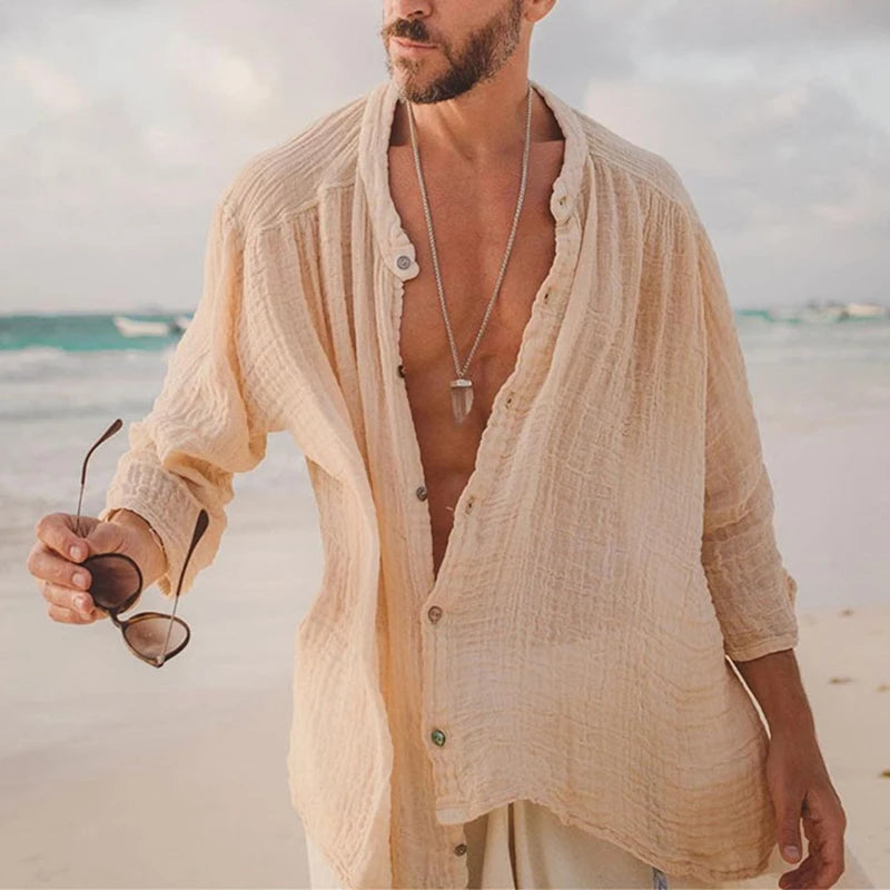 Cotton Linen Shirt Men's Vintage Stand Collar Buttoned Tops Beach Loose Shirts For Men Loose Solid Half Sleeve Casual Clothes
