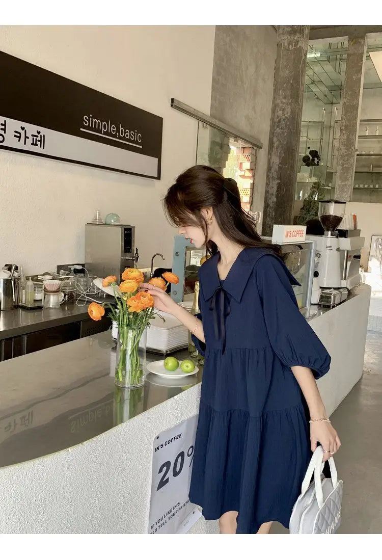Vintage Pleated Lacing Loose Mini Dress Summer New Half Sleeve Solid Color Sweet Casual Dresses Fashion Korean Women Clothing