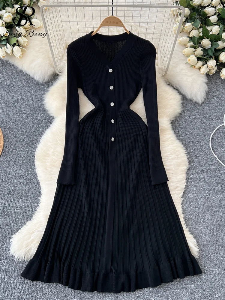 SINGREINY Autumn Knitting Sweater Dress Ladies V-Neck Single Breasted Full Sleeve Soft Slim Senior Knitted Casual Long Dress