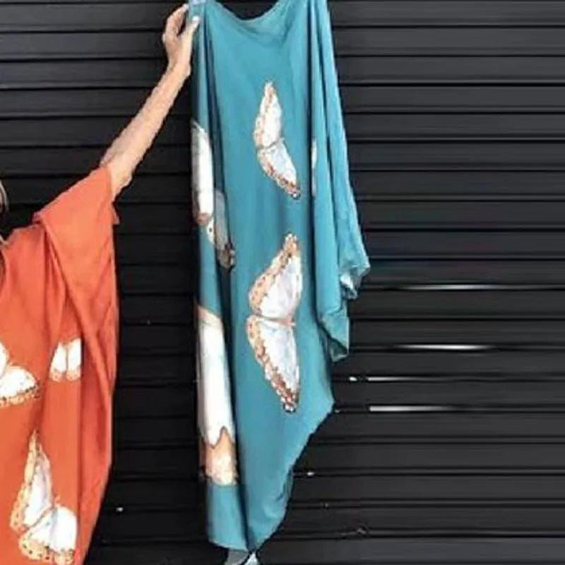 Color Butterfly Print One Shoulder Sleeve Dresses Women Sexy Off Shoulder Loose Beach Vacation Irregular Long Dress Streetwear