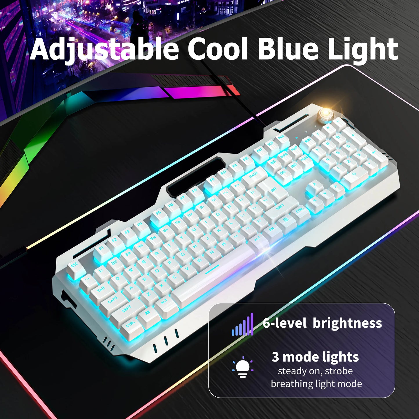 EWEADN Wired Membrane Keyboard, USB All-Metal Panel  Computer Keyboards with Multimedia knob and mobile phone holder,for Gaming