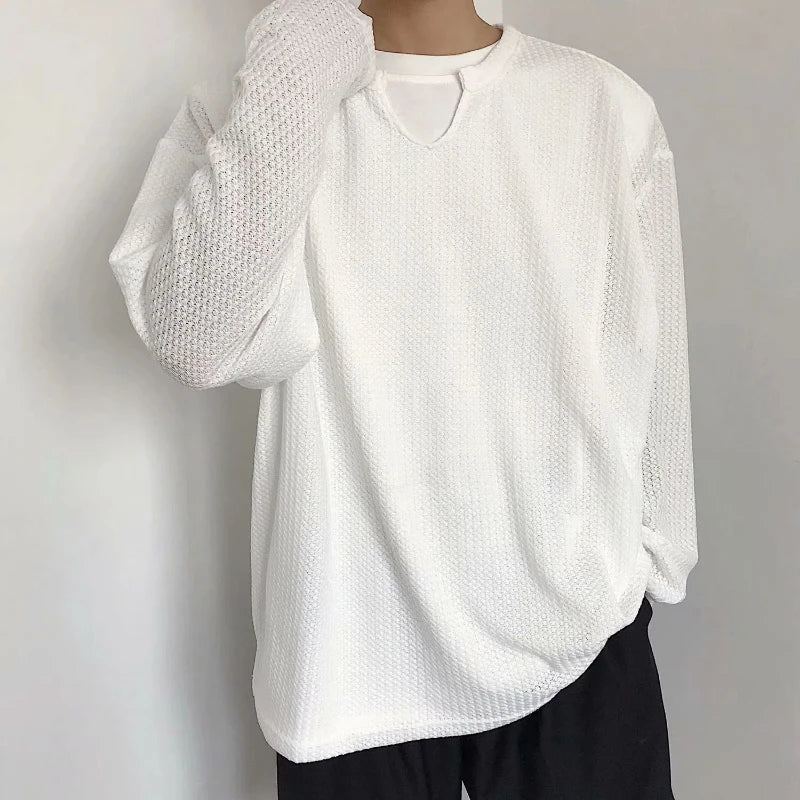 Spring Autumn New Fashion V-neck Long Sleeve Solid Color T-Shirts Men's Clothing Korean Loose All-match Pullovers Hip Hop Tops