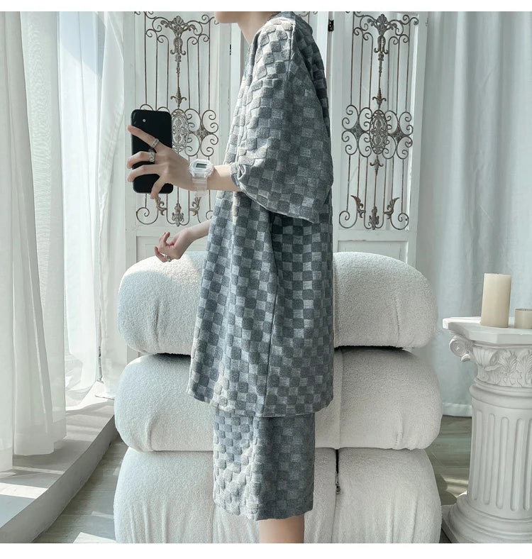 Men's Set Fashion Summer Loose Casual Plaid T Shirts And Shorts High Quality Korean Luxury Clothing Men's Clothes Big Size 5XL-M