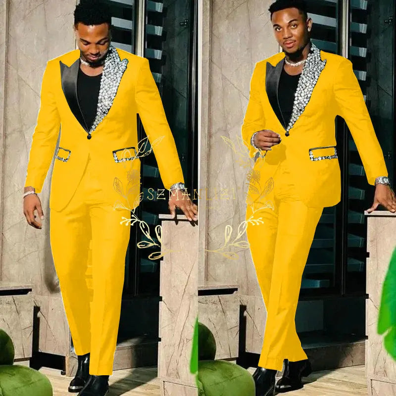 Black Suits for Men Slim Fit Single Breasted Peak Lapel Blazer High Quality Crystal Prom Party 2 Piece Jacket Pants Sets Terno