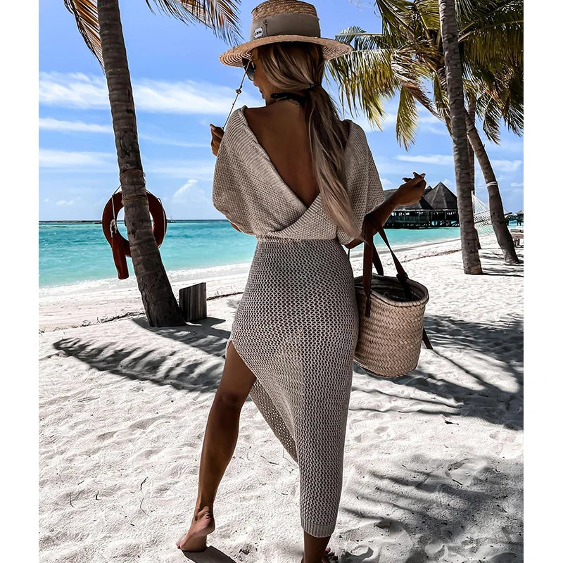 2024 White Crochet Tunic Bikini Cover-ups Sexy Hollow Out Long Dress V neck Women Summer Clothes Beach Wear Knitted Cover Up