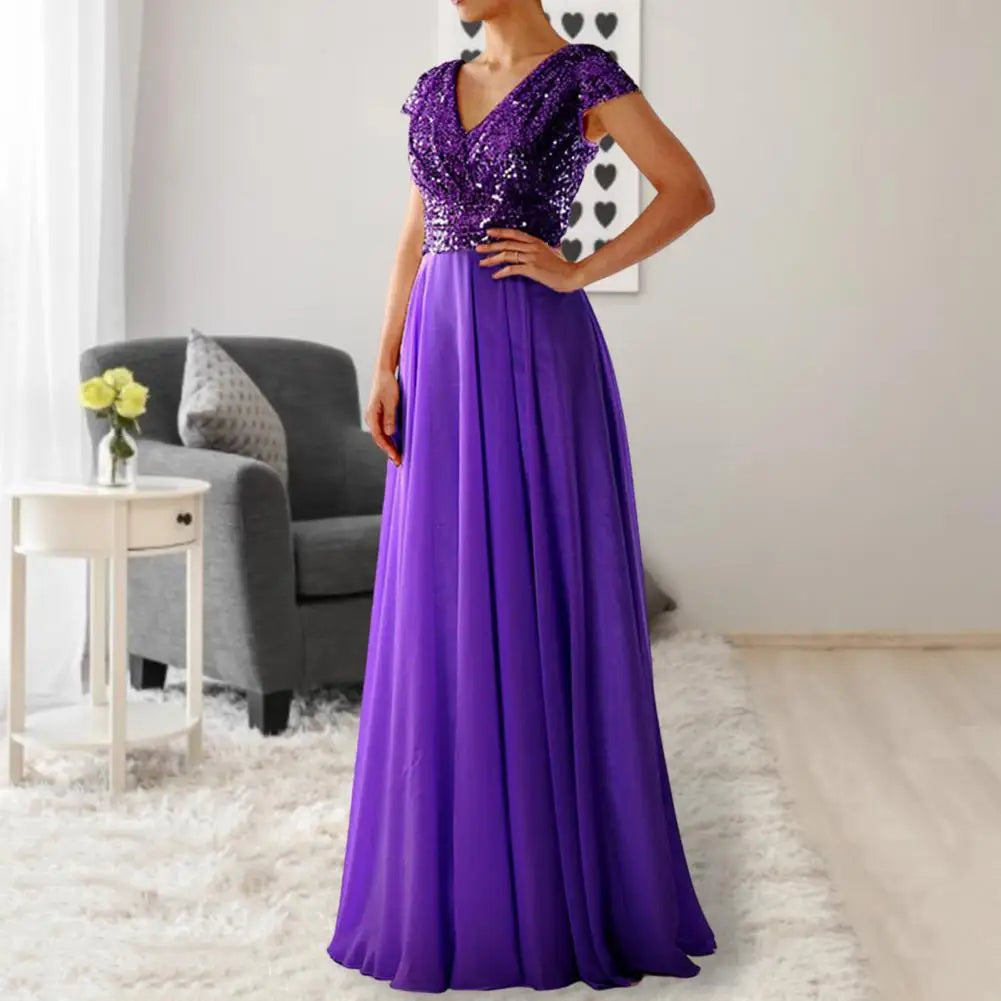 Elegant Sequins Chiffon Dress For women V Neck Pleated Hem Female Sequins Chiffon Prom Cocktail Long Dress Wedding Evening Dress