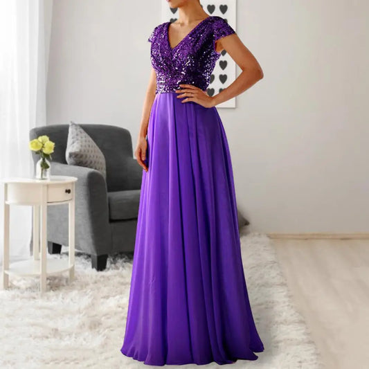 Elegant Sequins Chiffon Dress For women V Neck Pleated Hem Female Sequins Chiffon Prom Cocktail Long Dress Wedding Evening Dress