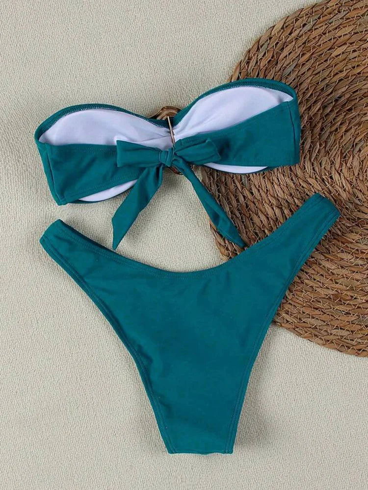 Sexy Solid Strapless Bikini 2 Piece Set Women Split Swimsuit Low Waist Beach Backless Bikini 2025 New Summer Swimwear Bikini Set