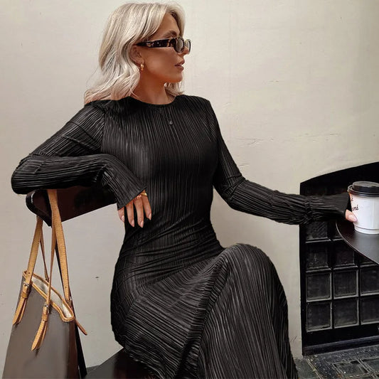 Dulzura Women 2024 Autumn Winter Fashion Long Sleeve Streetwear Bodycon Black Long Dress Wholesale Items For Business