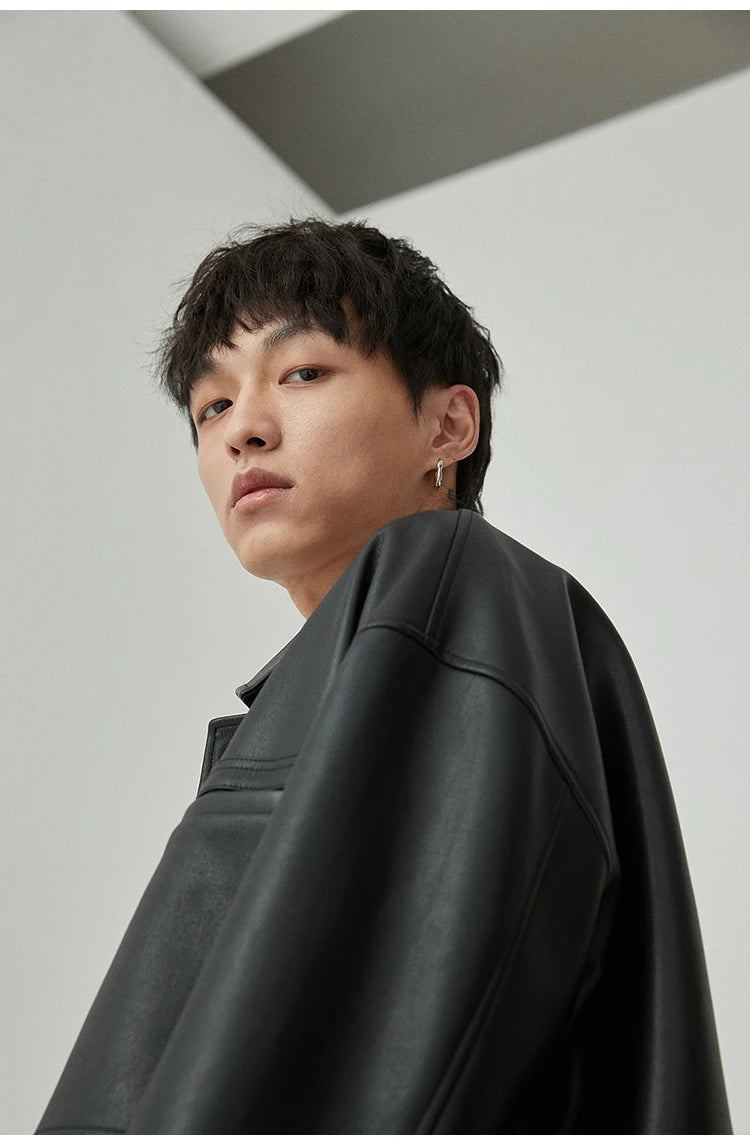 Mauroicardi Spring Autumn Short Oversized Brown Black Soft Faux Leather Jackets for Men Pockets Long Sleeve Korean Fashion 2022