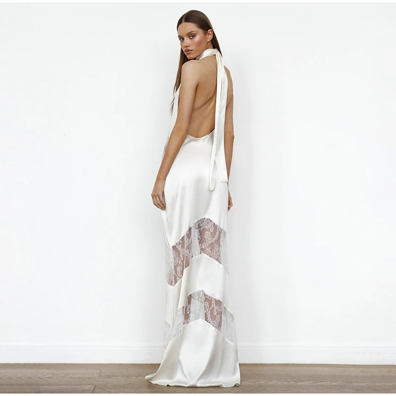 New Sexy Lace V-neck Sling Long Dress Women Retro Black Perspective Sleeveless Patchwork Maxi Dresses Female Chic Street Party