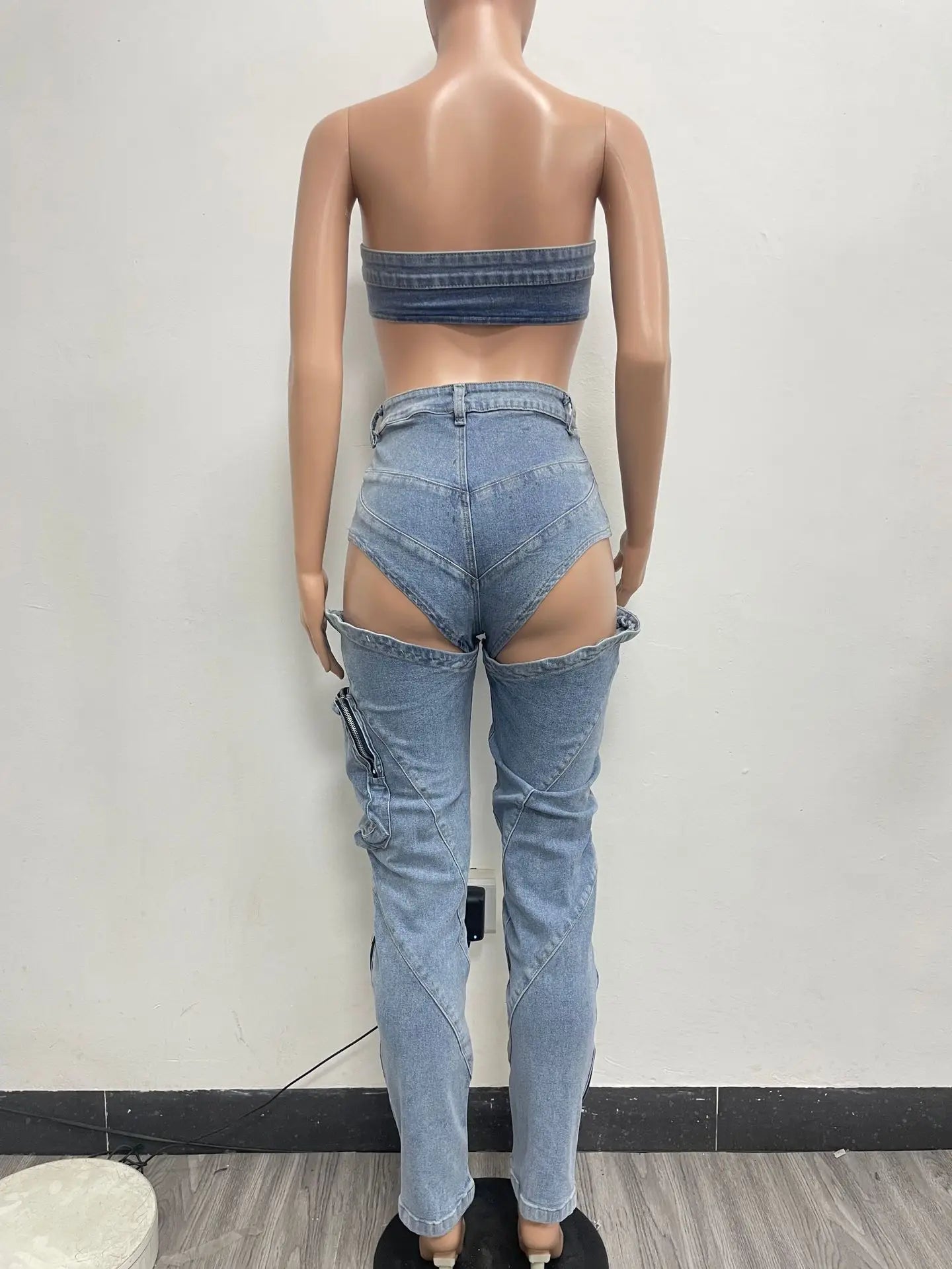 Sexy Denim Bikini Tops Two Piece Sets Matching Outfits 2024 Y2K Streetwear Women Pencil Denim Jean Pant Summer 2 Piece Sets