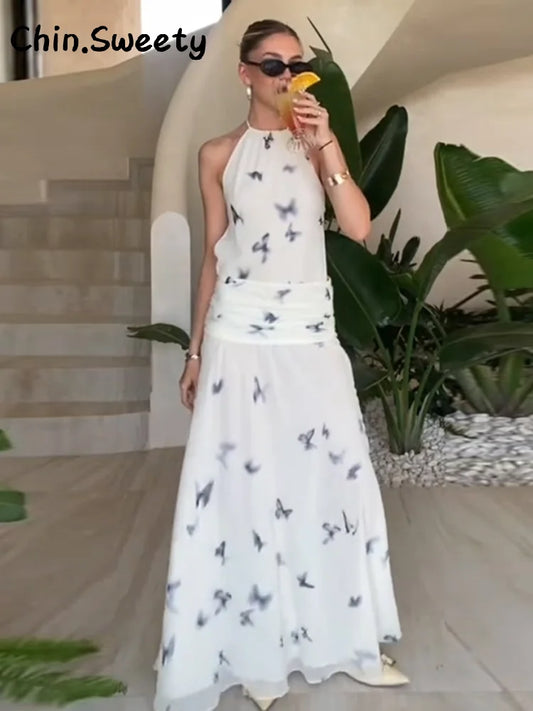 Elegant Halter Printed Long Dress Women Lace Up Sleeveless Backless Pleated Dresses 2025 Summer Lady Chic Party Vacation Robes