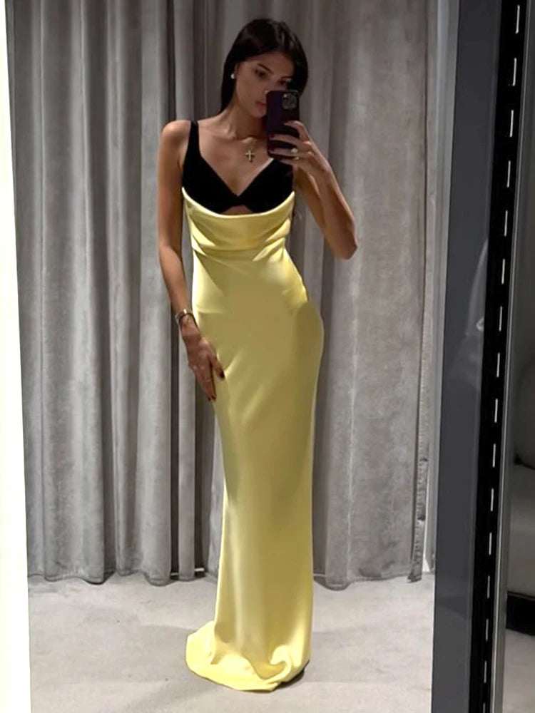VC Women Cut-out Long Dress Temperament Contrast Color Combo V Neck Suspender Backless Slit Slim Mermaid Party Evening Gowns