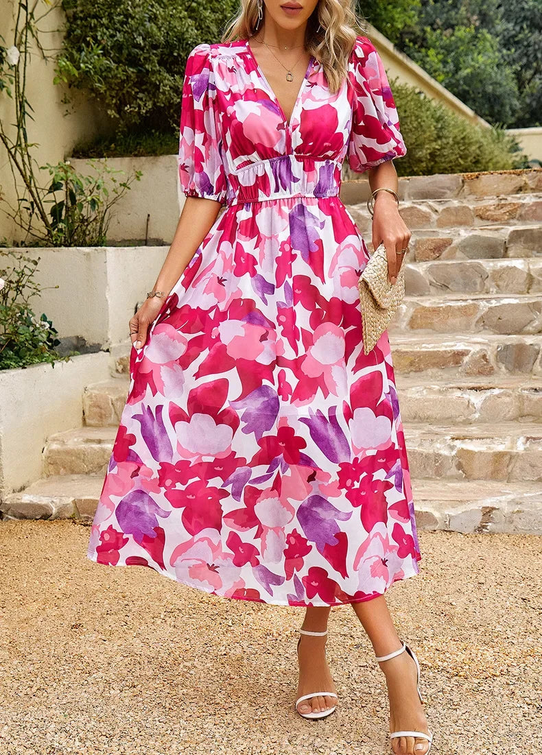 2024 Elegant High Quality Design summer long Dress Waist Cinching V-neck Print Elastic Waist Maxi  Dresses for Women Clothing