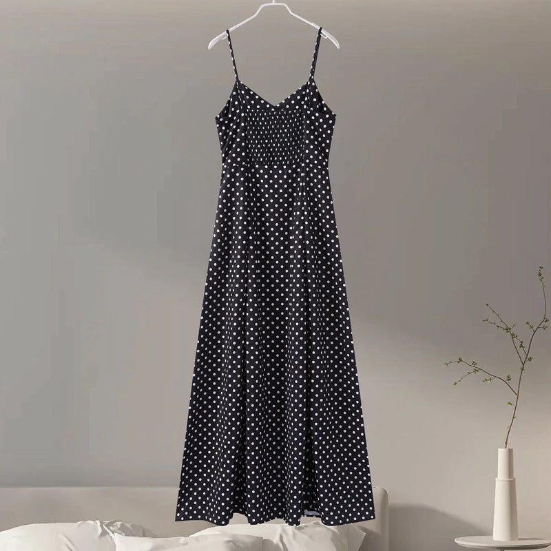 Dot Print Strapless Long Dress Women Retro V-neck Sleeveless Backless High Waist Dresses Female 2025 Spring New Lady Party Robes