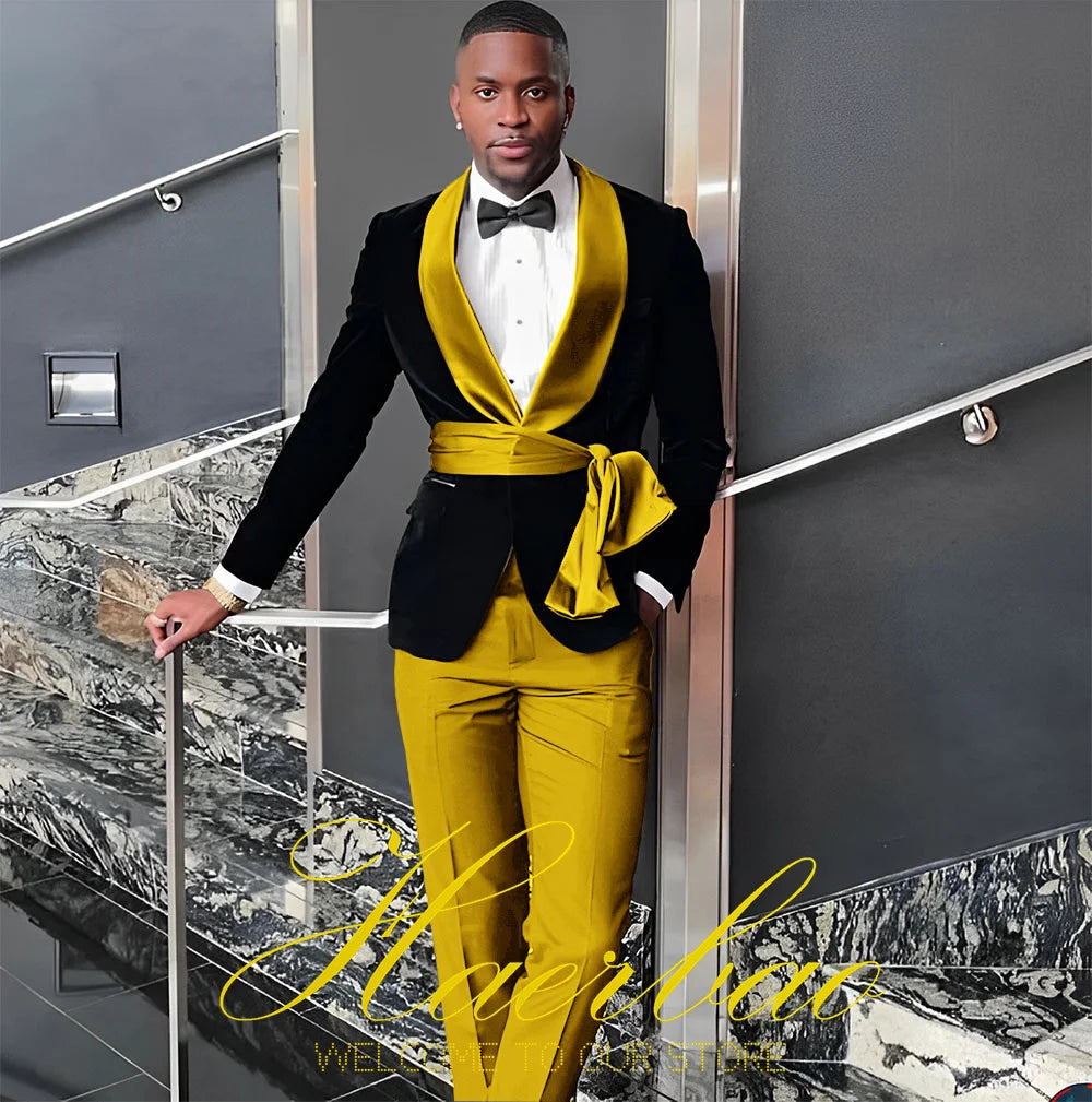 Black Mens Wedding Tuxedo Velvet Suit Two Piece Shawl Collar Jacket Pants Formal Groom Party Blazer