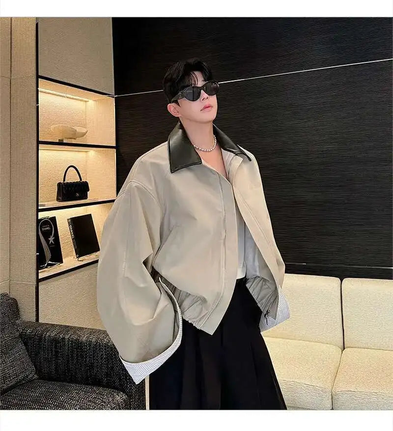 LUZHEN 2025 Spring Design Leather Collar Trendy Jacket Personalized Handsome Trendy Classy Versatile Color Contrast Tops LZ8146