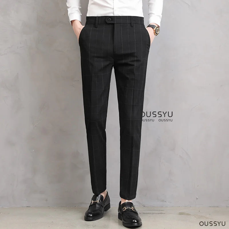 High Quality Summer Thin Plaid Pattern Formal Dress Pants Men Slim Business Work Office Party Korea Skinny Casual Trousers Male
