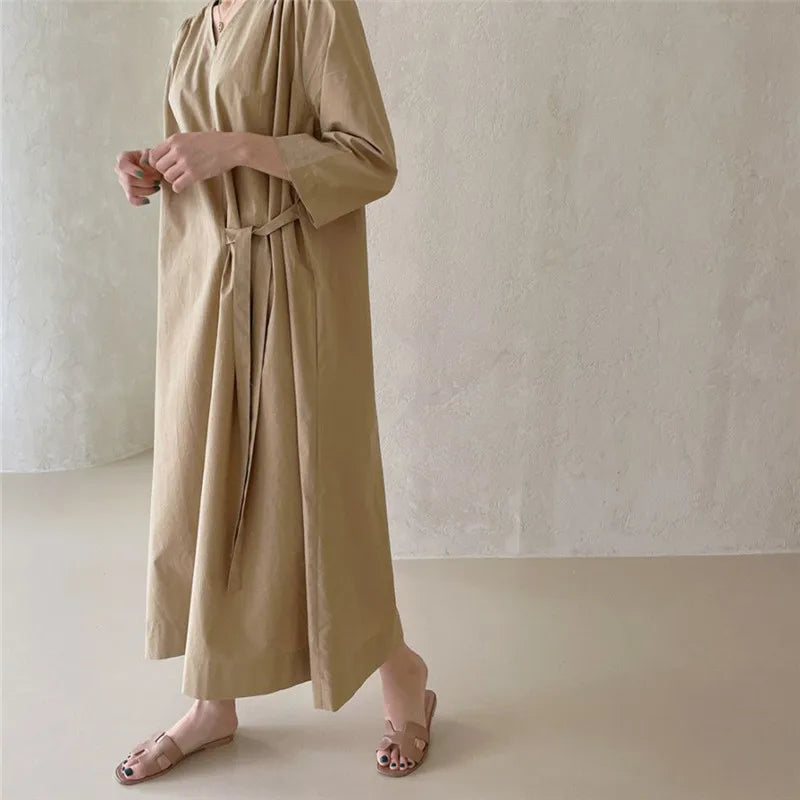 REALEFT 2024 New Summer Korean Vintage Women's Dresses Sashes Solid V-Neck Elegant Straight Loose Long Dress Female