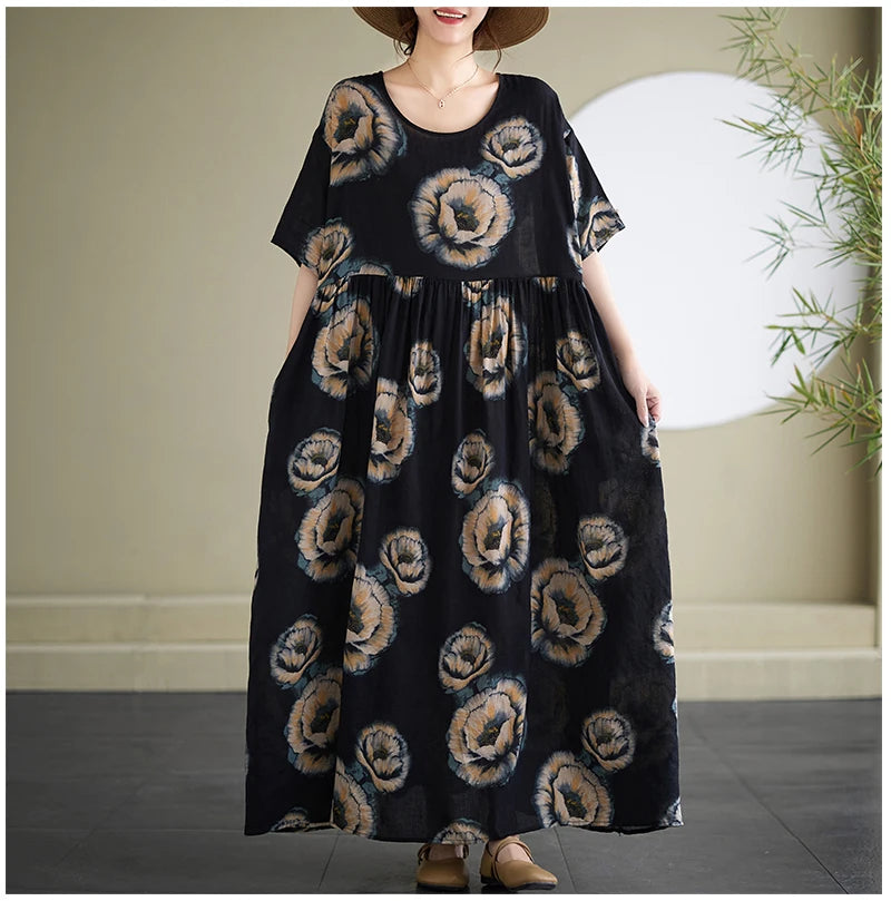 Oversized Summer Bohemian Style Long Dress Women Ruffle Pleated Fashion Flower Print Ladies Dresses Loose Casual Woman Dress