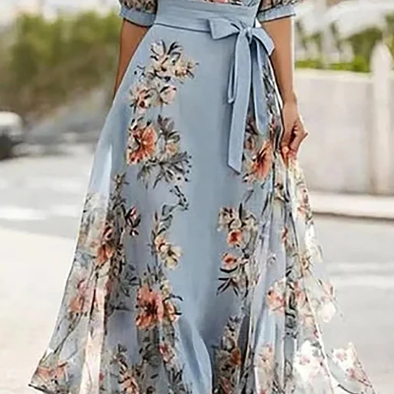 Spring Elegant Floral Print Mesh Long Dress Woman Sexy V Neck Lace-up Robe Party Dress New Summer Short Sleeve A-Line Boho Dress