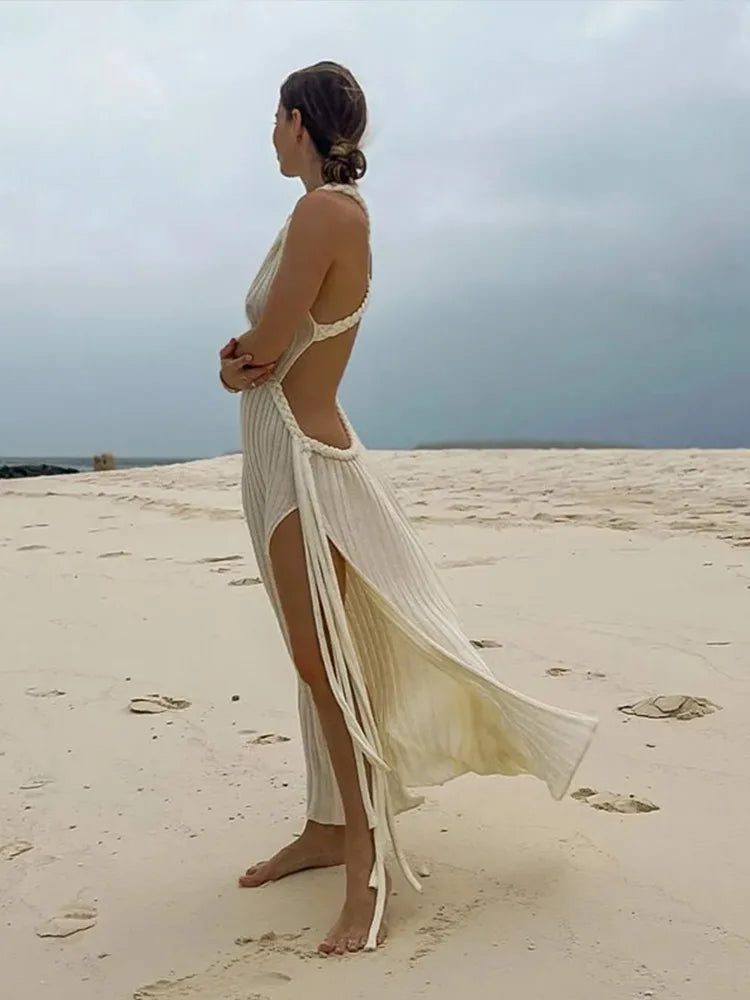 Knitted Halter Over Long Dresses Camisole V-Neck Hollow Out Strap Waist Cinching Slimming Split Beach Long Dresses Crochet Robes