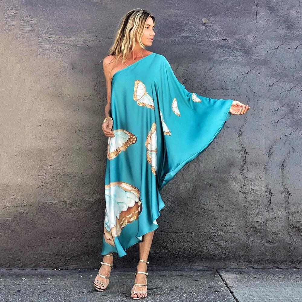 Color Butterfly Print One Shoulder Sleeve Dresses Women Sexy Off Shoulder Loose Beach Vacation Irregular Long Dress Streetwear