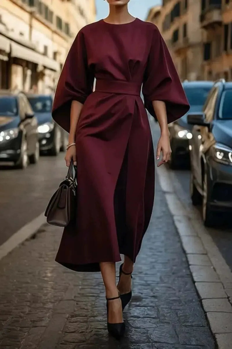 2025 Spring/Summer New Elegant Women's Dress Fashion Casual Solid Color Waist Round Neck Bat Sleeve Long Dress