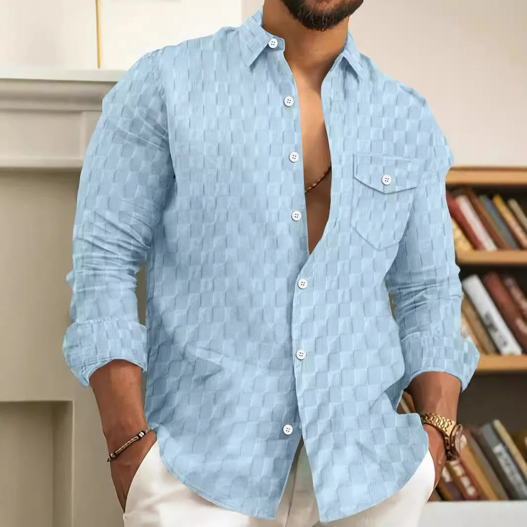 Spring and autumn Men's Fashion luxury lapel jacquard plaid loose pocket comfortable top street nightclub long Sleeve Cardigan