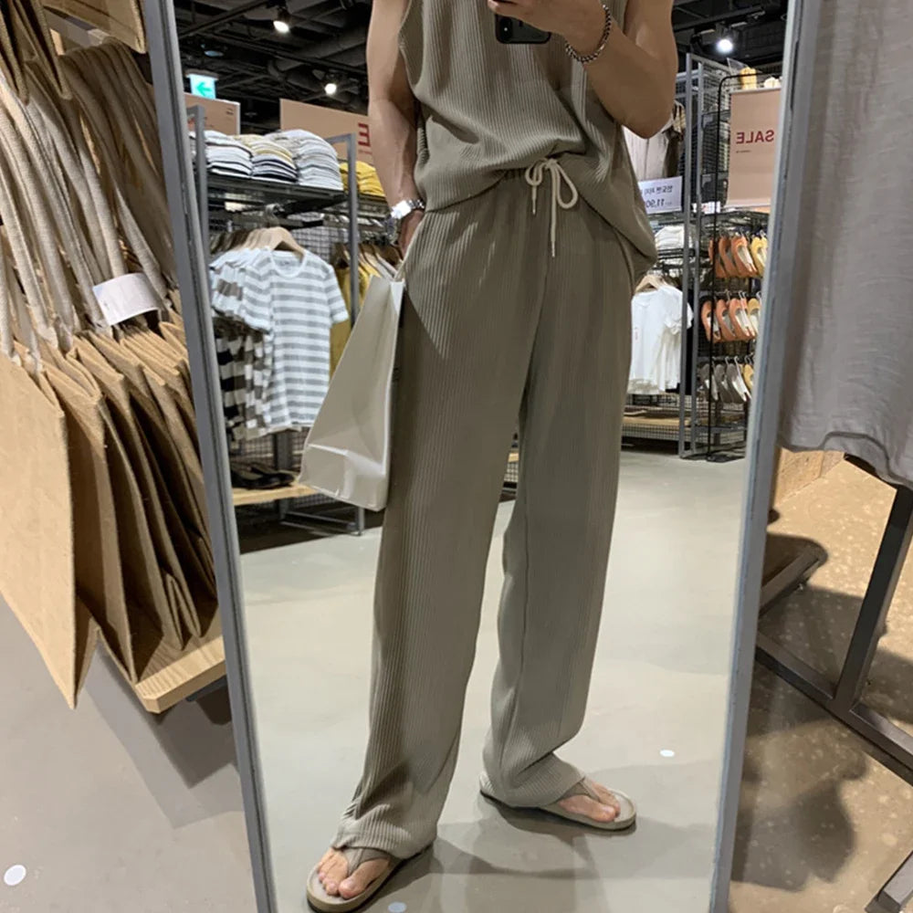 New Summer Clothing Mens Casual Tank Tops Set Luxury Korean Streetwear O Neck Solid Drape Vest and Trousers 2 Piece Suit