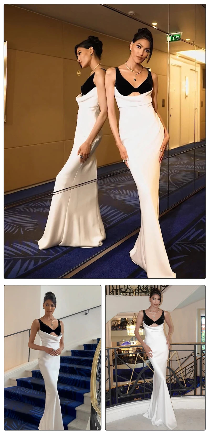 VC Women Cut-out Long Dress Temperament Contrast Color Combo V Neck Suspender Backless Slit Slim Mermaid Party Evening Gowns
