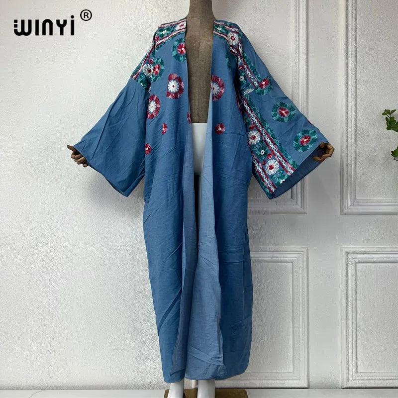 WINYI Embroidered soft denim cardigan Women coat Loose Long Dress elegant Party Boho maxi beach Holiday Swimming Cover Up Kimono