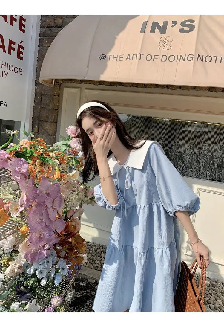 Vintage Pleated Lacing Loose Mini Dress Summer New Half Sleeve Solid Color Sweet Casual Dresses Fashion Korean Women Clothing
