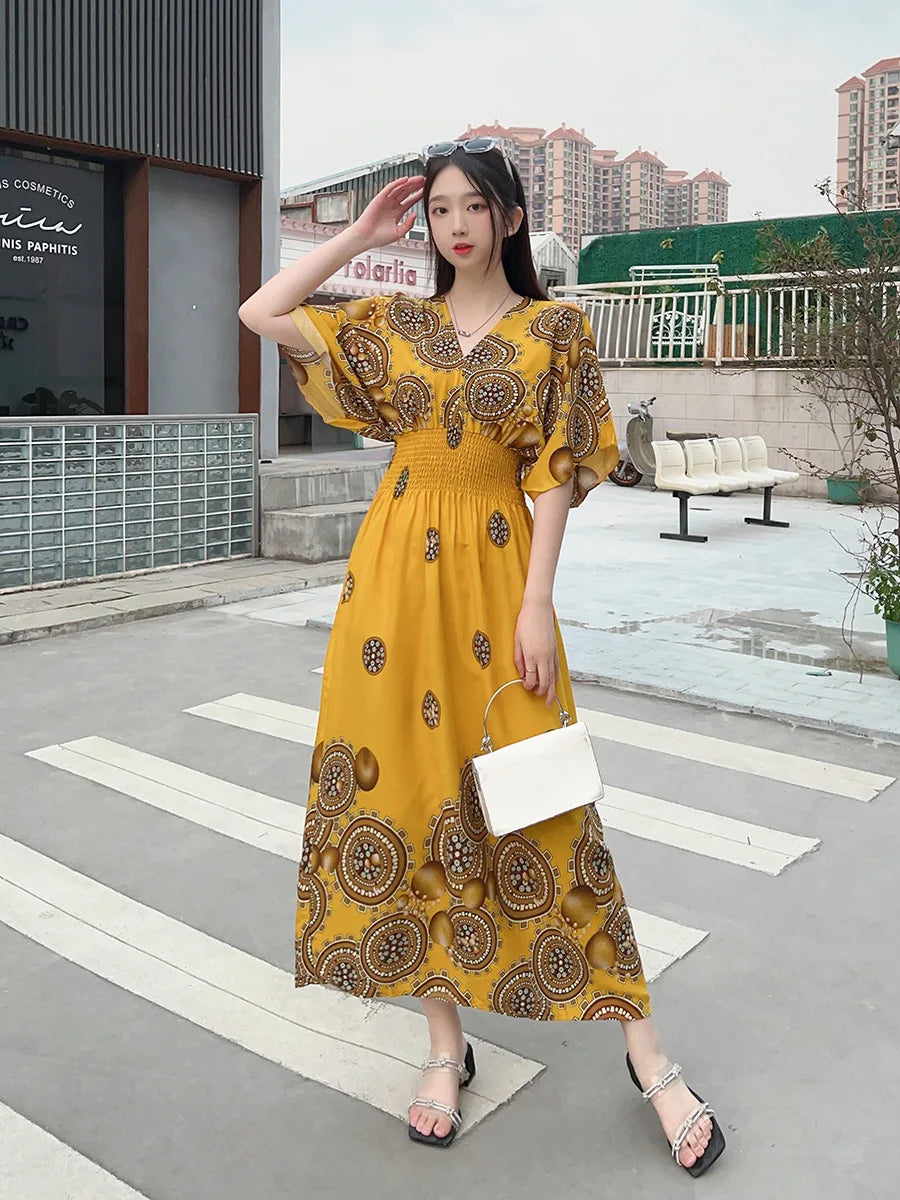 V-neck Large Skirt Hem Casual Sweet Holiday Long Dress Bat Sleeves Elastic Waist Bohemian Print Floral Elegant Dresse For Women