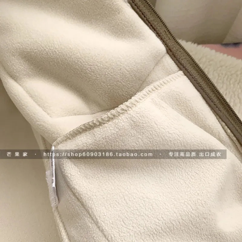 Autumn Winter Lambswool Coat Male Loose Windproof Warm Sherpa Stand Collar Polar Fleece Jacket Unisex Simple  Pocket Spliced Top