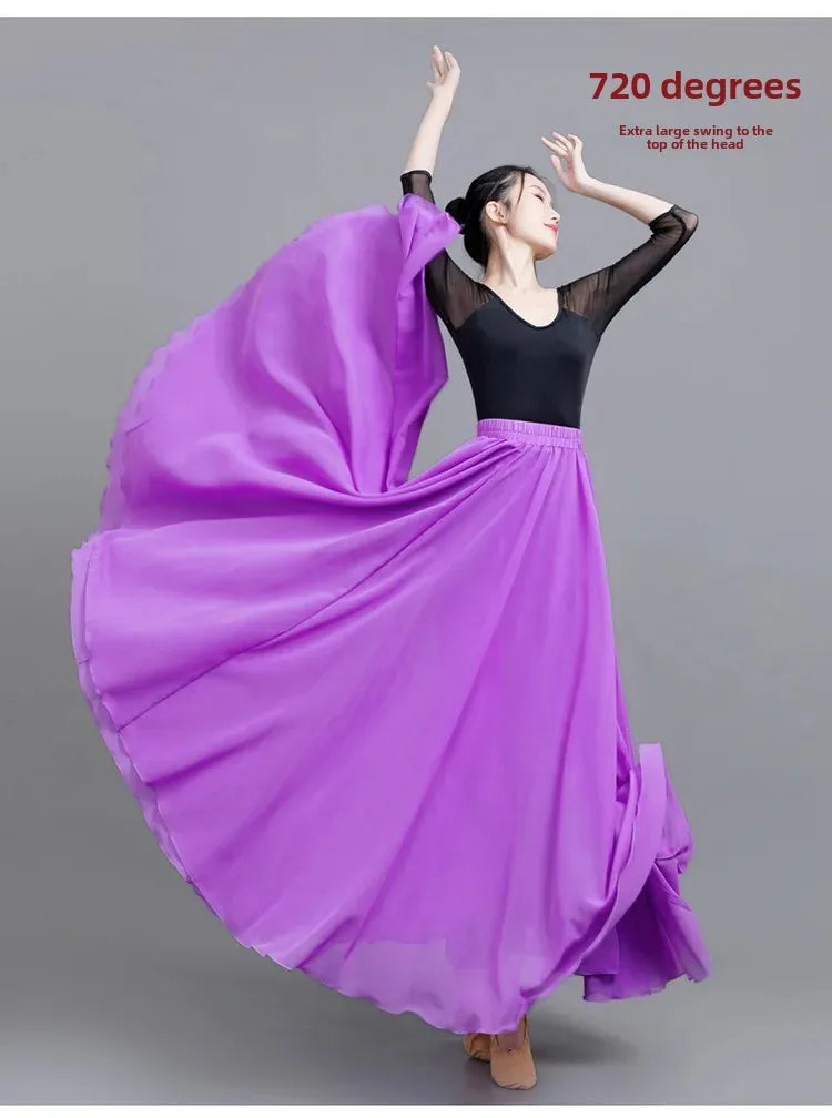 720 Degree Wide Dancing Skirt Chiffon Double Layer Semi-Long Dress Women's Solid Color Xinjiang Dance Skirt