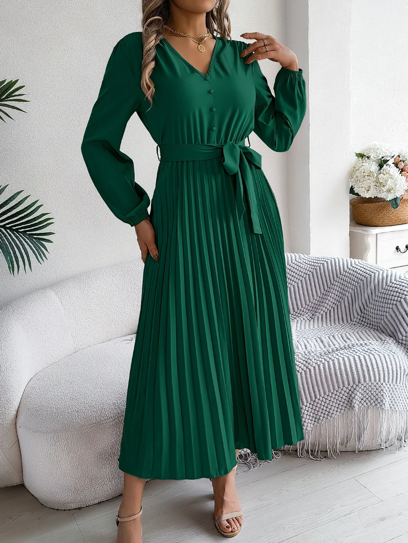 Autumn Winter Elegant V-Neck Button Belt Long Sleeved Solid Color Pleated Long Dress For Women Dresses
